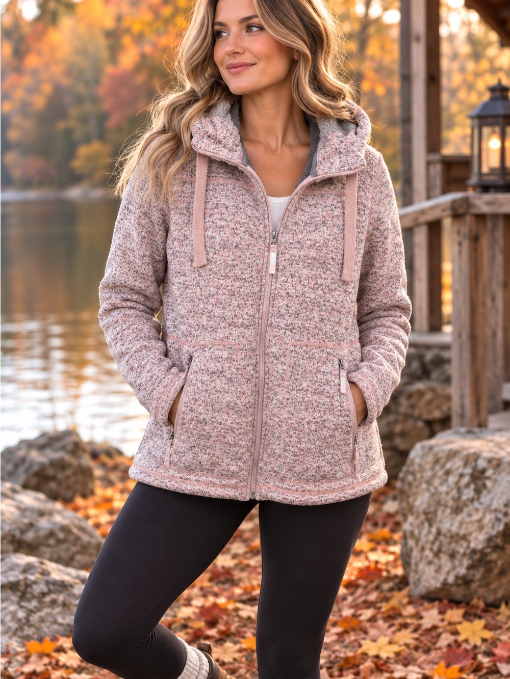 Free Country Sherpa Lined Hooded Fleece Jacket Pink Full Zip Large Cozy